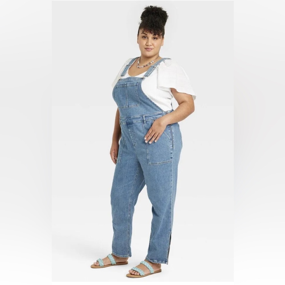 Ava & Viv Women’s Denim Overalls Medium Wash Side Zip Slits at Hem